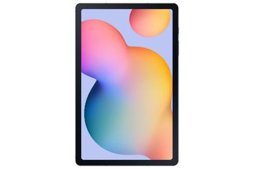 Samsung Galaxy Tab S6 Lite 2024 tablet in dark gray with 10.4-inch display showing colorful abstract wallpaper.