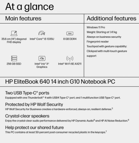 HP EliteBook 640 G10 Intel® Core™ i5 i5-1335U Laptop 35.6 cm (14") Full HD 8 GB DDR4-SDRAM 256 GB SSD Wi-Fi 6E (802.11ax) Windows 11 Pro Silver