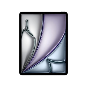 Apple iPad Air 6th Gen with 13-inch display, grey color, showing abstract screen wallpaper.