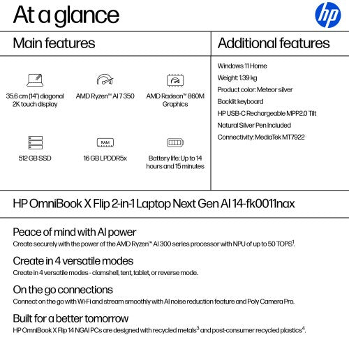 DC1E9EA#ABU | HP OmniBook X Flip 2-in-1 Laptop Next Gen AI 14-fk0011nax Copilot+ PC AMD Ryzen™ AI 7 350 35.6 cm (14") Touchscreen 2K 16 GB LPDDR5x-SDRAM 512 GB SSD Wi-Fi 6E (802.11ax) Windows 11 Home Silver