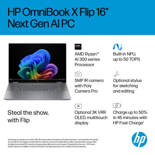 DC2A5EA#ABU | HP OmniBook X Flip 2-in-1 Laptop Next Gen AI 16-ar0010nax Copilot+ PC AMD Ryzen™ AI 7 350 40.6 cm (16") Touchscreen 2K 16 GB LPDDR5x-SDRAM 1 TB SSD Wi-Fi 6E (802.11ax) Windows 11 Home Silver