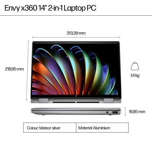 A2RZ8EA#ABU | HP Elite x360 Envy x360 14-fa0004na AMD Ryzen™ 5 8640HS Hybrid (2-in-1) 35.6 cm (14") Touchscreen 2K 16 GB LPDDR5-SDRAM 512 GB SSD Wi-Fi 6E (802.11ax) Windows 11 Home AI PC Silver