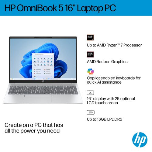 BG3K9EA#ABU | HP OmniBook 5 16-bc1001na AMD Ryzen™ 7 8840U Laptop 40.6 cm (16") 2K 16 GB LPDDR5-SDRAM 1 TB SSD Wi-Fi 6 (802.11ax) Windows 11 Home AI PC Silver