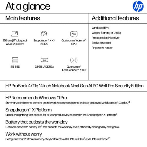 B39WPAT#ABU | HP ProBook 4 G1q Next Gen AI PC Wolf Pro Security Edition Copilot+ PC Snapdragon X1-26-100 Laptop 35.6 cm (14") WUXGA 32 GB LPDDR5x-SDRAM 1 TB SSD Wi-Fi 7 (802.11be) Windows 11 Pro Silver