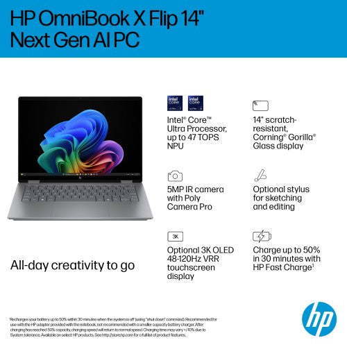 BG3E7EA#ABU | HP OmniBook X FlipNGAI 14-fm0001na Copilot+ PC Intel Core Ultra 7 256V Hybrid (2-in-1) 35.6 cm (14") Touchscreen 3K 16 GB LPDDR5x-SDRAM 1 TB SSD Wi-Fi 7 (802.11be) Windows 11 Home Silver