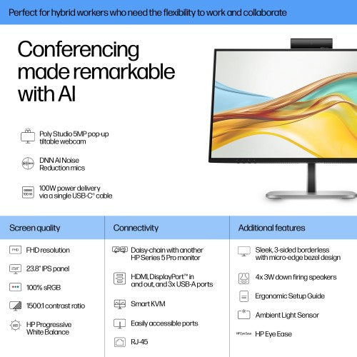 9E0G9UT#ABU | HP Series 5 Pro 23.8 inch FHD USB-C Conferencing Monitor - 524pm