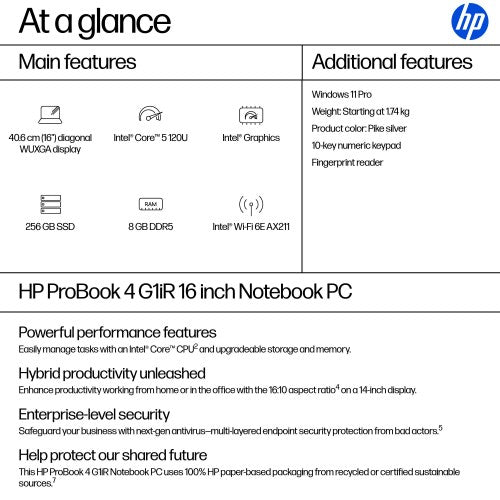B3AC7AT#ABU | HP ProBook 4 G1iR Intel Core 5 120U Laptop 40.6 cm (16") WUXGA 8 GB DDR5-SDRAM 256 GB SSD Wi-Fi 6E (802.11ax) Windows 11 Pro Silver