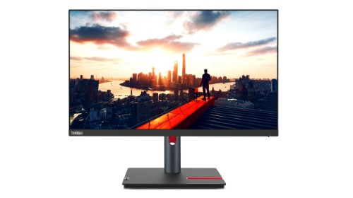 Lenovo ThinkVision P24h-30 23.8" LED monitor with slim bezels and black stand showing city skyline at sunset.
