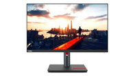 Lenovo ThinkVision P24h-30 23.8" LED monitor with slim bezels and black stand showing city skyline at sunset.