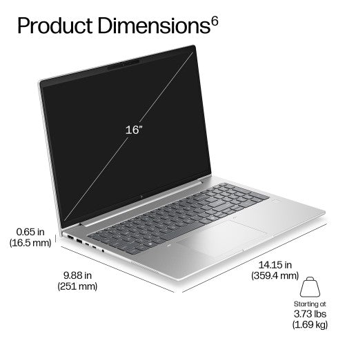 DW2D2ET#ABU | HP EliteBook 6 G2i 16 AI PC Intel Core 7 360 Laptop 40.6 cm (16") WUXGA 16 GB DDR5-SDRAM 512 GB SSD Wi-Fi 7 (802.11be) Windows 11 Pro Silver