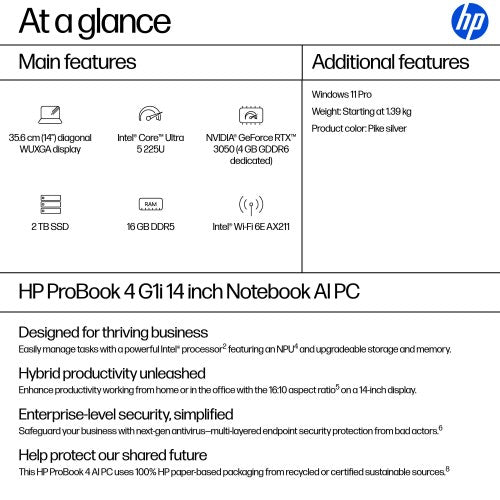 AD2B2ET#ABU | HP ProBook 4 14 G1i AI Intel Core Ultra 5 225U Laptop 35.6 cm (14") WUXGA 16 GB DDR5-SDRAM 256 GB SSD Wi-Fi 6E (802.11ax) Windows 11 Pro AI PC Silver