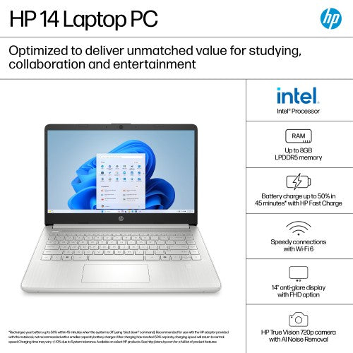 BM2T5EA#ABU | HP 14-dq6002na Intel® N N150 Laptop 35.6 cm (14") HD 4 GB DDR4-SDRAM 128 GB UFS Wi-Fi 6 (802.11ax) Windows 11 Home in S mode Black