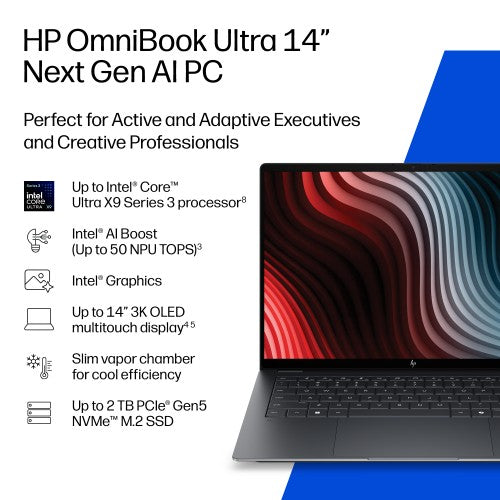 D8XJ6EA#ABU | HP OmniBook Ultra Laptop Next Gen AI 14-kd0001nax Copilot+ PC Intel Core Ultra 7 356H 35.6 cm (14") Touchscreen 3K 16 GB LPDDR5x-SDRAM 512 GB SSD Wi-Fi 7 (802.11be) Windows 11 Home Black, Grey