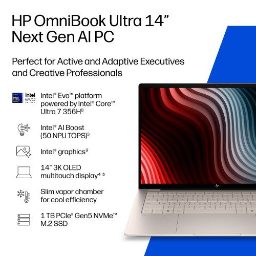 HP OmniBook Ultra Laptop Next Gen AI 14-kd0005nax Copilot+ PC Intel Core Ultra 9 386H 35.6 cm (14") Touchscreen 3K 32 GB LPDDR5x-SDRAM 2 TB SSD Wi-Fi 7 (802.11be) Windows 11 Home
