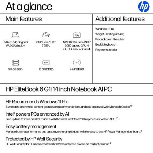 AD2V7ET#ABU | HP EliteBook 6 G1i AI Intel Core Ultra 7 255U Laptop 35.6 cm (14") WUXGA 16 GB DDR5-SDRAM 512 GB SSD Wi-Fi 7 (802.11be) Windows 11 Pro AI PC Silver