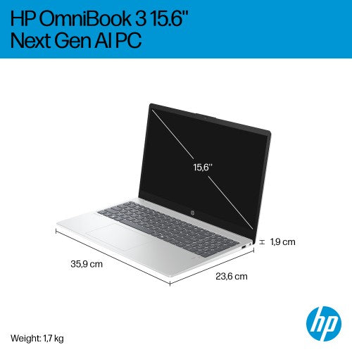 C7DY0EA#ABU | HP OmniBook 3 NGAI OmniBook 3 Next Gen AI 15-fn0003na Copilot+ PC AMD Ryzen™ AI 5 330 Laptop 39.6 cm (15.6") Full HD 16 GB DDR5-SDRAM 512 GB SSD Wi-Fi 6 (802.11ax) Windows 11 Home Silver