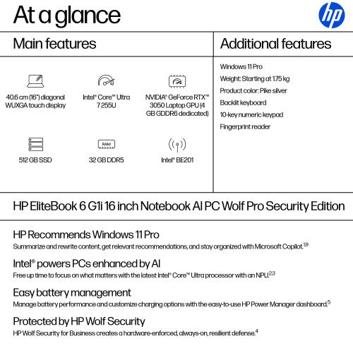 A26X3EA#ABU | HP EliteBook 6 G1i 16 inch Notebook AI PC Wolf Pro Security Edition Intel Core Ultra 7 255U Laptop 40.6 cm (16") Touchscreen WUXGA 32 GB DDR5-SDRAM 512 GB SSD Wi-Fi 7 (802.11be) Windows 11 Pro Silver