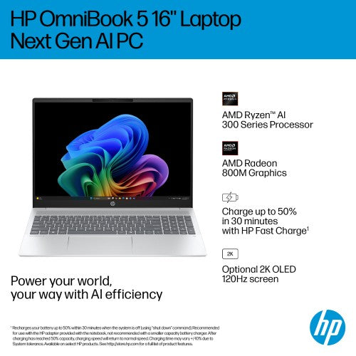 BG3K7EA#ABU | HP OmniBook 5 NGAI 16-ag1001na Copilot+ PC AMD Ryzen™ AI 5 340 Laptop 40.6 cm (16") 2K 16 GB LPDDR5x-SDRAM 512 GB SSD Wi-Fi 6 (802.11ax) Windows 11 Home Silver