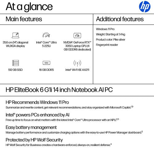 AD4M3ET#ABU | HP EliteBook 6 G1i AI Intel Core Ultra 5 225U Laptop 35.6 cm (14") WUXGA 16 GB DDR5-SDRAM 512 GB SSD Wi-Fi 6E (802.11ax) Windows 11 Pro AI PC Silver