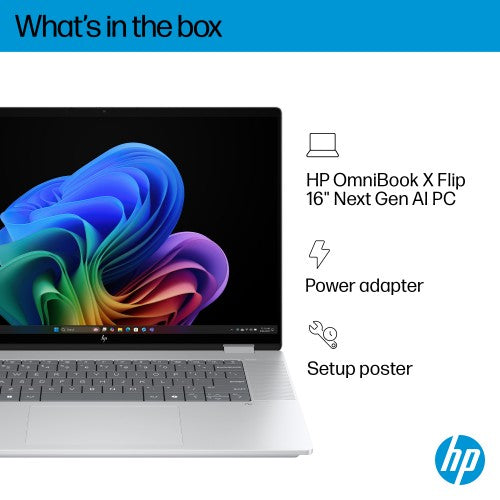 DC1G1EA#ABU | HP OmniBook X Flip 2-in-1 Laptop Next Gen AI 16-as0010nax Copilot+ PC Intel Core Ultra 7 256V 40.6 cm (16") Touchscreen 3K 16 GB LPDDR5x-SDRAM 1 TB SSD Wi-Fi 6E (802.11ax) Windows 11 Home Silver
