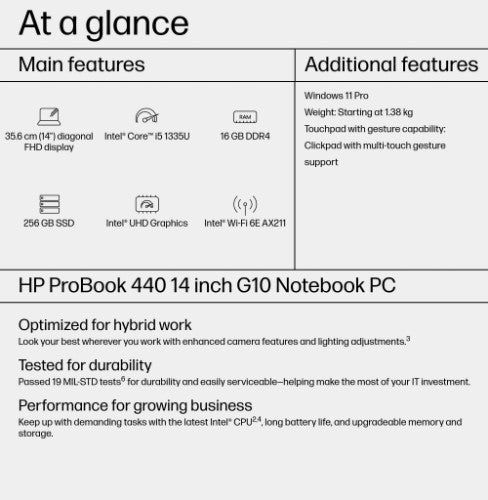967V9ET#ABU | HP ProBook 440 G10 Intel® Core™ i5 i5-1335U Laptop 35.6 cm (14") Full HD 16 GB DDR4-SDRAM 256 GB SSD Wi-Fi 6E (802.11ax) Windows 11 Pro Silver