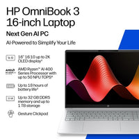 HP OmniBook 3 Laptop Next Gen AI 16-bv0002nax Copilot+ PC AMD Ryzen™ AI 7 445 40.6 cm (16") 2K 16 GB DDR5-SDRAM 512 GB SSD Wi-Fi 6 (802.11ax) Windows 11 Home Grey, Silver