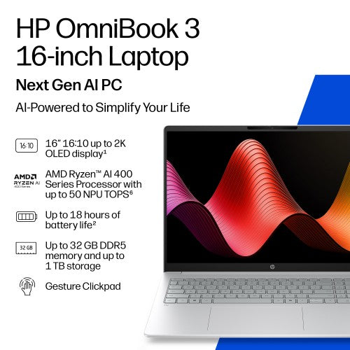 HP OmniBook 3 Laptop Next Gen AI 16-bv0002nax Copilot+ PC AMD Ryzen™ AI 7 445 40.6 cm (16") 2K 16 GB DDR5-SDRAM 512 GB SSD Wi-Fi 6 (802.11ax) Windows 11 Home Grey, Silver