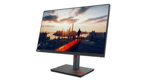 Lenovo ThinkVision P24h-30 23.8" Quad HD monitor with slim black bezel and adjustable stand displaying cityscape at sunset.