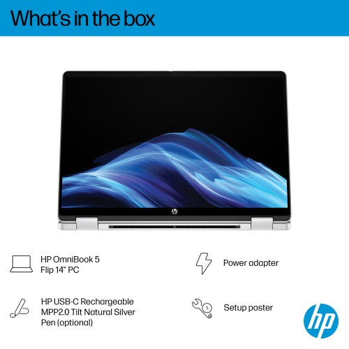 D77FSEA#ABU | HP OmniBook 5 Flip 2-in-1 Laptop 14-fp0003nax Intel® Core™ i7 i7-1355U 35.6 cm (14") Touchscreen 2K 16 GB LPDDR5-SDRAM 512 GB SSD Wi-Fi 6 (802.11ax) Windows 11 Home Silver