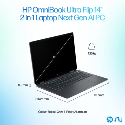 B11MKEA#ABU | HP OmniBook Ultra Flip 14-fh0006na Copilot+ PC Intel Core Ultra 7 256V Hybrid (2-in-1) 35.6 cm (14") Touchscreen 3K 16 GB LPDDR5x-SDRAM 1 TB SSD Wi-Fi 7 (802.11be) Windows 11 Home Black, Grey