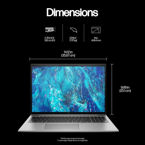 98N50ET#ABU | HP ZBook Firefly G11 Intel Core Ultra 7 155H Mobile workstation 40.6 cm (16") WUXGA 16 GB DDR5-SDRAM 512 GB SSD NVIDIA RTX A500 Wi-Fi 6E (802.11ax) Windows 11 Pro AI Workstation, AI PC Silver