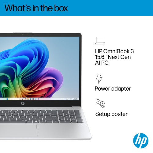 HP OmniBook 3 NGAI OmniBook 3 Next Gen AI 15-fn0003na Copilot+ PC AMD Ryzen™ AI 5 330 Laptop 39.6 cm (15.6") Full HD 16 GB DDR5-SDRAM 512 GB SSD Wi-Fi 6 (802.11ax) Windows 11 Home Silver