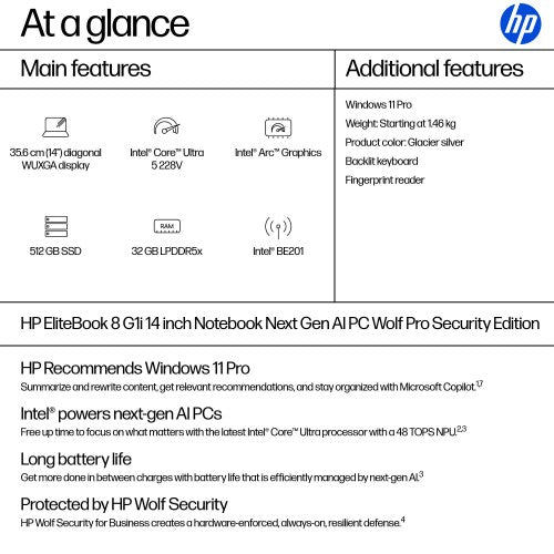 CK7R1ET#ABU | HP EliteBook 8 G1i Next Gen AI Wolf Pro Security Edition Copilot+ PC Intel Core Ultra 5 228V Laptop 35.6 cm (14") WUXGA 32 GB LPDDR5x-SDRAM 512 GB SSD Wi-Fi 7 (802.11be) Windows 11 Pro Silver