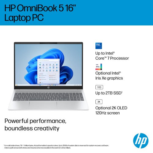 HP OmniBook 5 16-ba1005na Intel® Core™ i3 i3-1315U Laptop 40.6 cm (16") 2K 8 GB LPDDR5-SDRAM 512 GB SSD Wi-Fi 6 (802.11ax) Windows 11 Home Silver