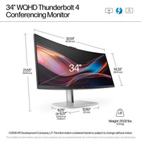 34-inch curved WQHD HP monitor with Thunderbolt 4, slim bezels, and adjustable stand.
