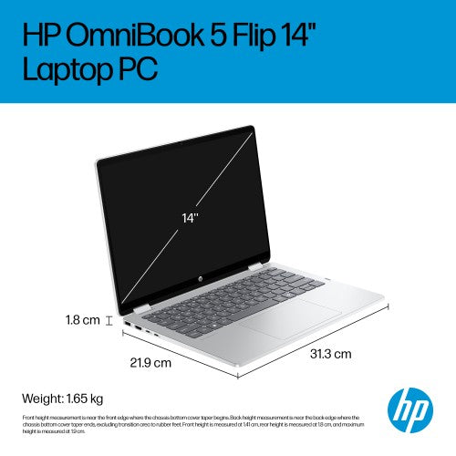HP OmniBook 5 Flip 14-fp0012na Intel® Core™ i7 i7-1355U Hybrid (2-in-1) 35.6 cm (14") Touchscreen 2K 16 GB LPDDR5-SDRAM 512 GB SSD Wi-Fi 6 (802.11ax) Windows 11 Home Silver