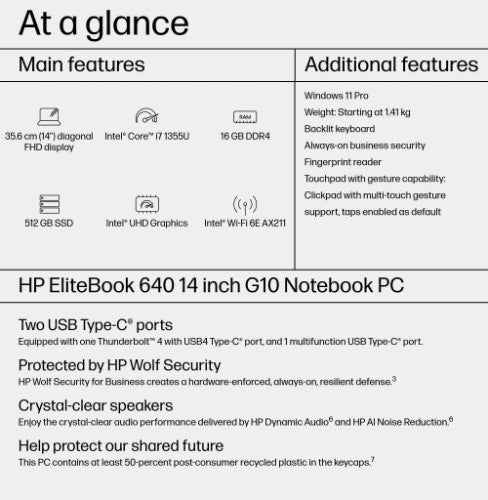 967W4ET#ABU | HP EliteBook 640 G10 Intel® Core™ i7 i7-1355U Laptop 35.6 cm (14") Full HD 16 GB DDR4-SDRAM 512 GB SSD Wi-Fi 6E (802.11ax) Windows 11 Pro Silver