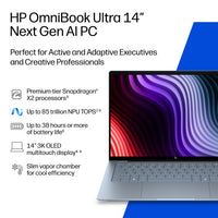 HP OmniBook Ultra Laptop Next Gen AI 14-kg0002nax Copilot+ PC 35.6 cm (14") Touchscreen 2K 16 GB LPDDR5x-SDRAM 512 GB SSD Wi-Fi 7 (802.11be) Windows 11 Home Blue, Grey