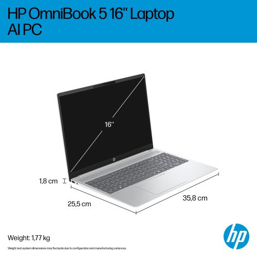 BG3F8EA#ABU | HP OmniBook 5 LaptopAI 16-af1002na Intel Core Ultra 5 225U Laptop 40.6 cm (16") 2K 16 GB LPDDR5x-SDRAM 512 GB SSD Wi-Fi 6 (802.11ax) Windows 11 Home AI PC Silver