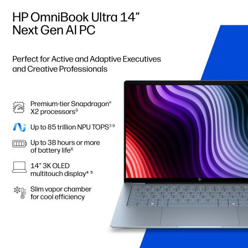D8VZ9EA#ABU | HP OmniBook Ultra 14-kg0002nax Next Gen AI Copilot+ PC Snapdragon X2P-64-100 Laptop 35.6 cm (14") Touchscreen 2K 16 GB LPDDR5x-SDRAM 512 GB SSD Wi-Fi 7 (802.11be) Windows 11 Home Blue, Grey