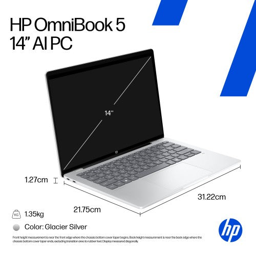 HP OmniBook 5 Laptop Next Gen AI 14-he0003nax Copilot+ PC Snapdragon X1-26-100 35.6 cm (14") 2K 16 GB LPDDR5x-SDRAM 512 GB SSD Wi-Fi 6E (802.11ax) Windows 11 Home Silver