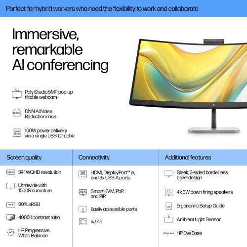 9E0Z2UT#ABU | HP Series 5 Pro 34 inch WQHD USB-C Conferencing Monitor - 534pm